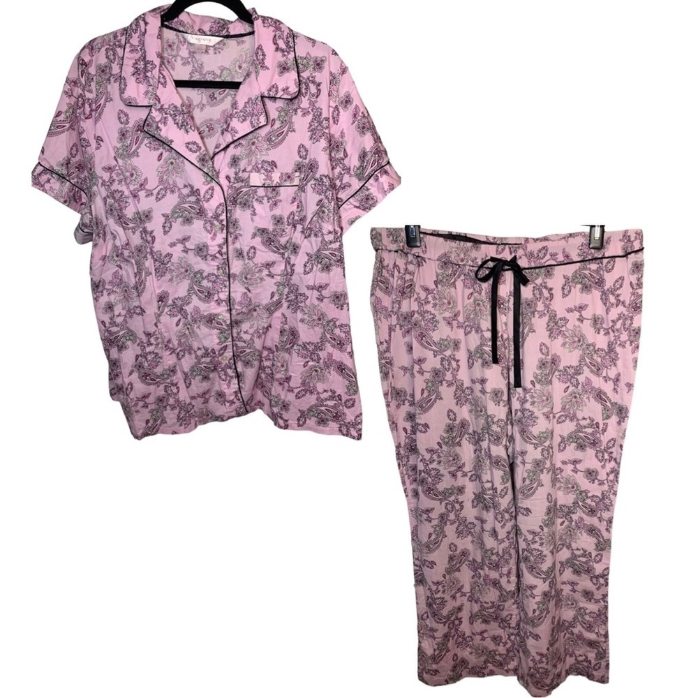 Cacique Vintage Y2K 2-Piece Pink & Black Paisley Pajamas, 100% Cotton, [Sz 18/20